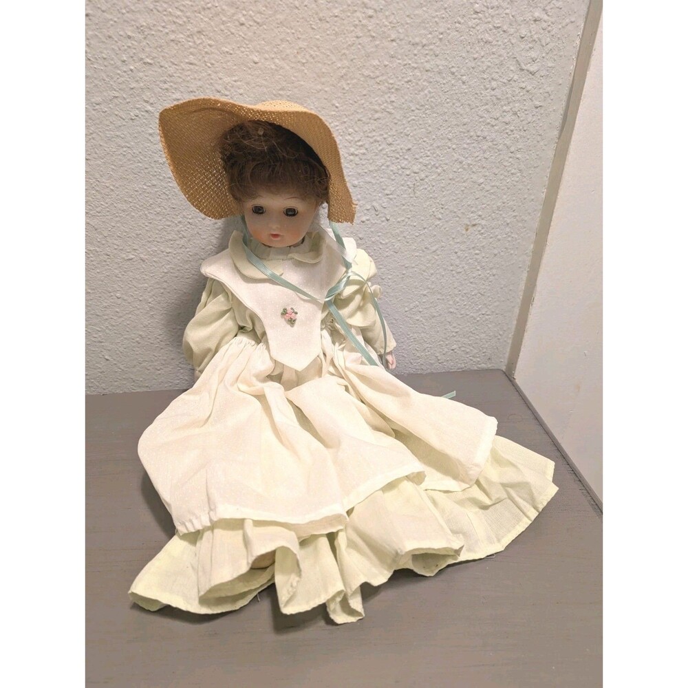 Vintage Porcelain Doll 16” Southern Belle Green Dress Straw Hat Victorian Style